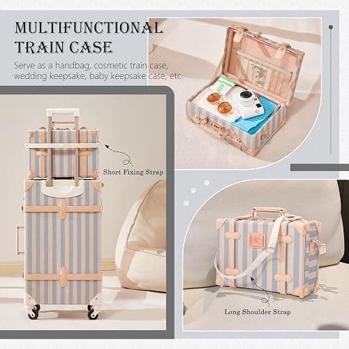UNIWALKER Vintage Carry on Luggage Set, 2 Piece Retro Spinner Trunk Suitcase with Cosmetic Train Case for Women, 20"+12", Blue Strip thumbnail 5