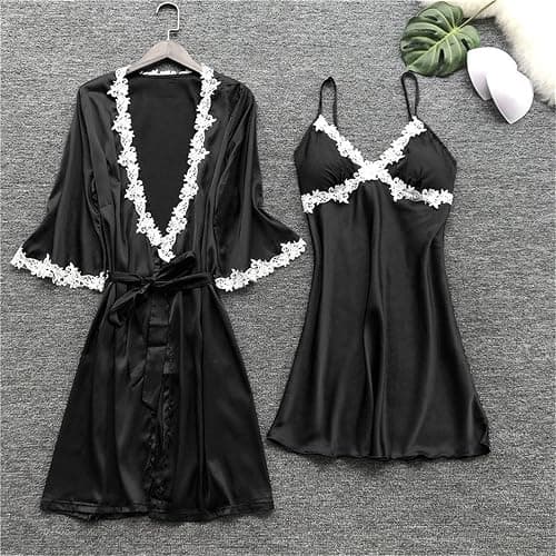 Women's 5 Piece Sleepwear Floral Lace Satin Cami Pajama Set Silk Dress Nightgown with Robe Loungewear Nightwear Sets thumbnail 5