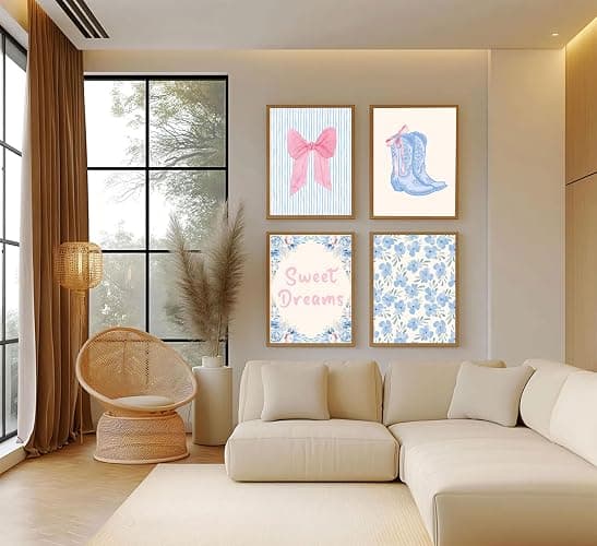 4pcs Trendy Preppy Wall Art Pink Bow Boots Blue And White Stripes pictures wall decor Sweet Dreams Blue Flowers Posters Prints Artwork for Home Bedroom Dorm Home Decration 8x10in Unframed thumbnail 3