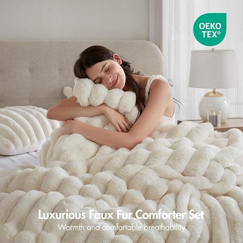 Madison Park Jasmine Luxurious Plush Queen Comforter Set, 3 Piece, Ivory | Soft Faux Fur Ribbed Velvet Bedding Set Full Size for Winter, Reversible, Warm Fuzzy Thick, with Matching Shams thumbnail 7