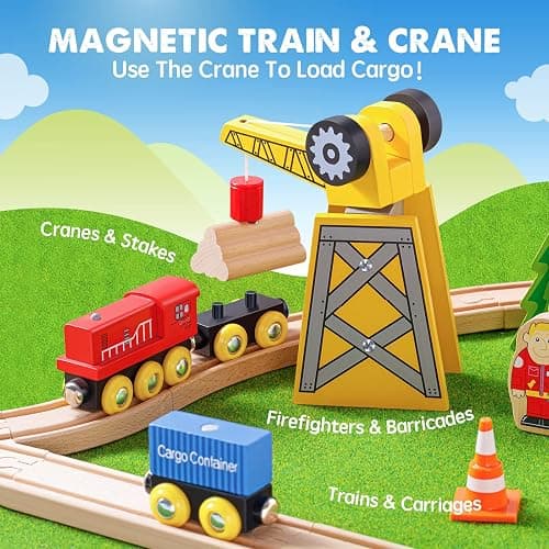 Tiny Land 55PCS Wooden Train Set - Compatible with Major Brand Tracks, Educational Toy for Toddlers & Kids Ages 3-7, Durable Wooden Railway Tracks thumbnail 3