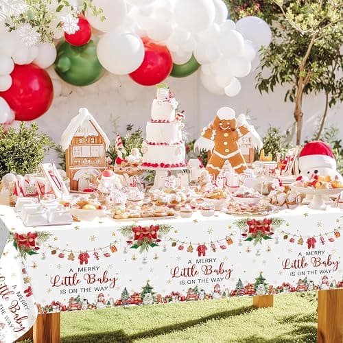 3 Pcs Christmas Baby Shower Tablecloth Christmas Baby Shower Decorations | 108x54 in, Disposable, Plastic, Waterproof, A Merry Little Baby Shower, Santa Baby Tablecloth thumbnail 2
