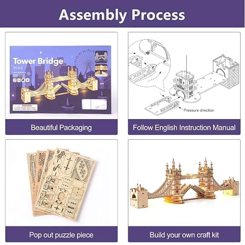 ROBOTIME 3D Puzzle Wooden Craft Kits with LED Light DIY Tower Bridge Construction Model Kit to Build for Teens Brain Teaser Puzzle Home Decor Birthday Gifts thumbnail 9