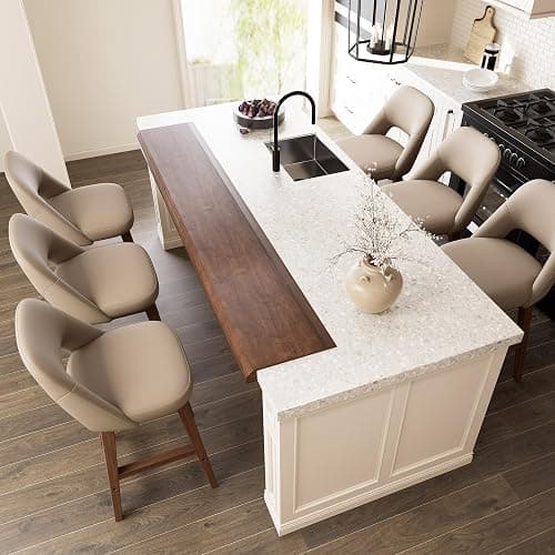 Rowill Counter Height Bar Stools Set of 4, 26 Inch Faux Leather Bar Stools with Back, Upholstered Barstools with Footrest, Wood Legs, Vegan Leather, Khaki thumbnail 8
