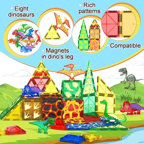 102PCS Dinosaur Toys Magnetic Tiles with 8 Dinosaurs - Jurassic Scenes Dinosaur World Adventure Set, Magnetic Blocks Kids Toys for Boys & Girls Ages 3+, Sensory Toddler Creative Kids Games Gifts thumbnail 4