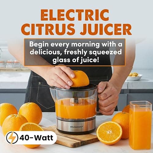 Elite Gourmet ETS623 BPA-Free 40-Watt Electric Citrus Juicer, Compact, Large Volume, Pulp Control, Oranges, Lemons, Limes, Grapefruits with Easy Pour Spout, 24oz, Black/Stainless Steel thumbnail 3
