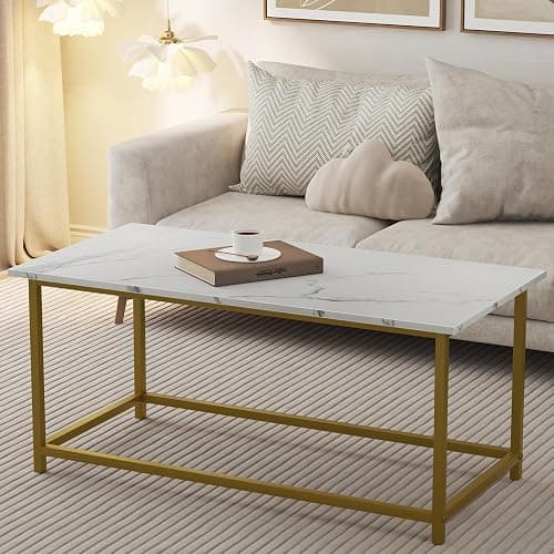 SAYGOER White Faux Marble Coffee Table Simple Modern Rectangular Coffee Tables Open Design Minimalist Center Table for Living Room Office, 39.37 x 19.69 x 17.72, White Gold thumbnail 5