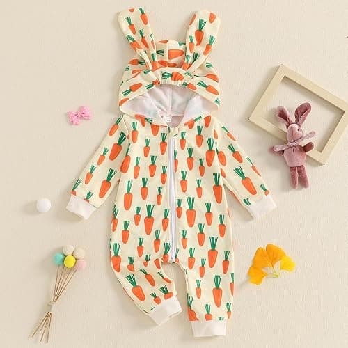 LAGKIYOJ Newborn Baby Boy Easter Outfit Bunny Ear Hooded Long Sleeve Romper Jumpsuit Baby Girl Boy Spring Clothes thumbnail 2