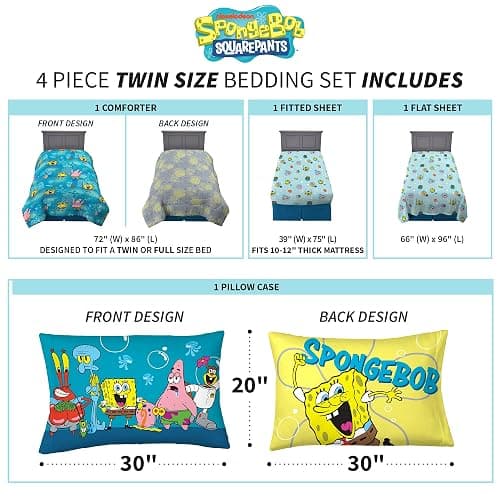 Franco Kids Bedding Super Soft Comforter and Sheet Set, 4 Piece Twin Size, Spongebob thumbnail 3