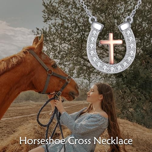 CRMAD Horseshoe Necklace for Women Sterling Silver Horse Cross Pandant Necklace Rose Gold Plated Jewelry Gifts (cross) thumbnail 5