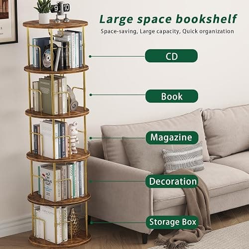 5Tier Rotating Bookshelf, 360 ° Display Stackable Spinning Bookshelf Tower,Round Space Saving Tall Floor Standing Swivel Bookcase Corner Storage Organizer for Bedroom/Living Room/Office，Gold thumbnail 6