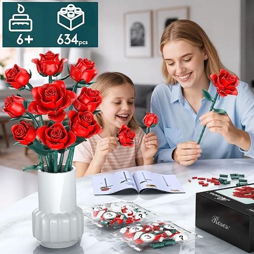 Kit de Construction Bouquet de Fleurs, 634 Pcs 12 Roses Rouges Décoratives pour Bureau ou Maison, Cadeaux pour Noël Enfants, Saint-Valentin pour Homme ou Femme, Adultes, Fête des Mères thumbnail 3