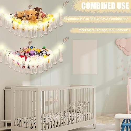 CERETIA Stuffed Animal Hammock with LED Light, Large Stuffed Animals Storage Corner Plushie Net for Kids Room Decor, White thumbnail 8