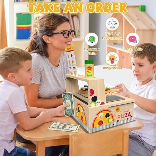 WOODMAM Wooden Pizza Toy - 48 PCS Montessori Pretend Play Food for Ages 3+, Educational Learning Toy Wooden Playset with Bake Oven, Christmas Birthday Gift for 3 4 5 6 Year Old thumbnail 6