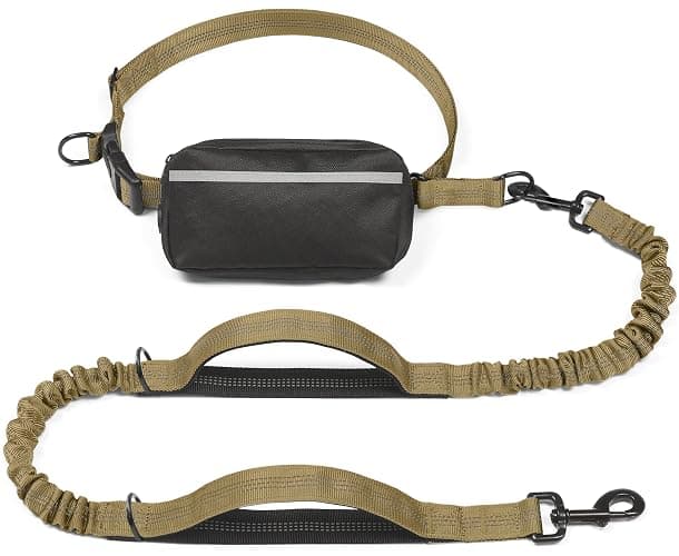 iYoShop Hands Free Dog Leash with Zipper Pouch, Dual Padded Handles and Durable Bungee for Walking, Jogging and Running Your Dog (Large, 25-120 lbs, Khaki) - Image 1