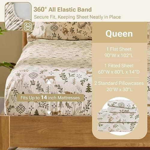 Sleep Philosophy True North 100% Cotton Flannel Sheets Queen Size, Cozy Flannel Sheet Set Brushed for Extra Softness, Heavyweight Novelty Print Warm Flannel Bedding Set, Tan Woodland Winter 4 Piece thumbnail 6