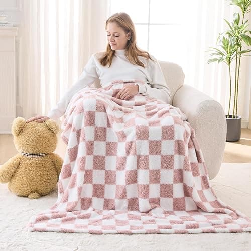 NEWCOSPLAY Knitted Pink White Checkered Blanket Super Soft Plush Throw for Couch Fuzzy Fluffy Microfiber Lightweight Blanket for Bed Sofa All Season Use (Pink White, Throw(50"x60")) thumbnail 2