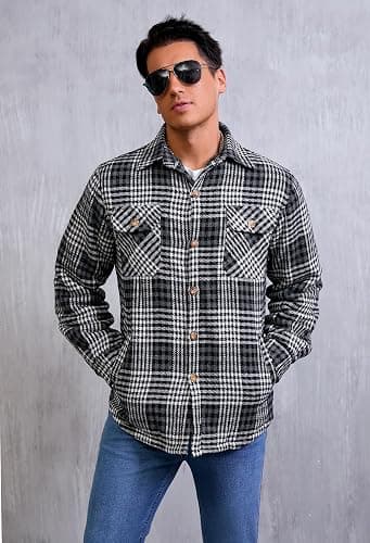 WINDFIT Men's Cotton Sherpa Lined Button Down Flannel Shirt Jacket Plaid Soft Outdoor Flannel Jacket Shirt thumbnail 3