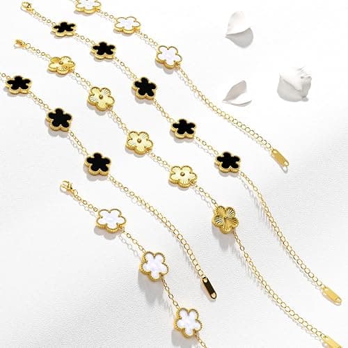 AICase 18K Gold Plated Clover Bracelet Dupes Gold/White/Black Bracelet Set for Women Flower Leaf Lucky Clover Bracelets Trendy Jewelry Birthday Gifts for Women/Mon/Friends thumbnail 5