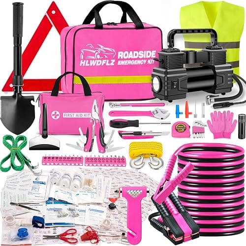 HLWDFLZ Car Emergency Kit with Portable Air Compressor - Roadside Assistance Emergency Kit with Jumper Cables, First Aid Kit, Auto Tool Set, Winter Safety Kit for Women, Men, Teen (Pink) - Image 1