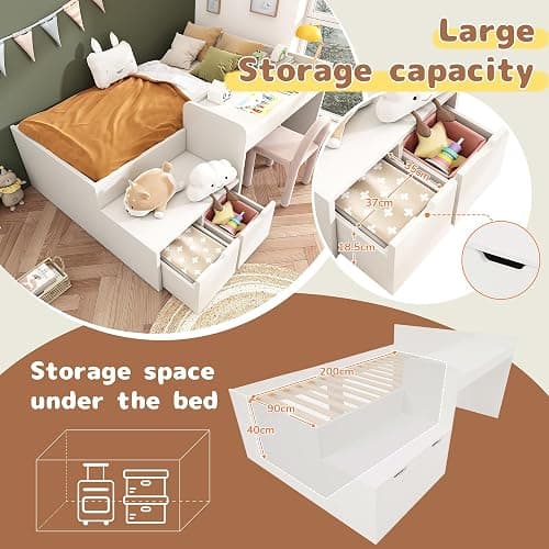 Merax Bunk Beds, Kids Single Wooden Storage Bed with Desk and Drawers, with Slatted Frame, Lying Surface for Teenagers & Adults, White, 90 x190 cm thumbnail 7