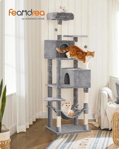Feandrea Cat Tree, 73.2-Inch Tall Cat Tower, Plush Multi-Level Condo with 5 Scratching Posts, 2 Perches, 2 Caves, Hammock, 2 Pompoms, Light Gray UPCT191W01 thumbnail 2
