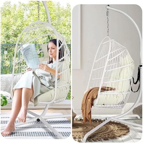Chihee Egg Chair with Ultra Strong Stand and Cushion Foldable Wicker Rattan Hanging Chair Swing Chair Indoor Outdoor Patio Lounging Chair Hammock Chair 330 lbs Capacity Balcony Porch Bedroom Garden - White thumbnail 6