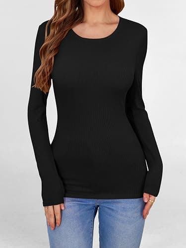 ANRABESS Women Long Sleeve Shirts Built-in Bra Crewneck Rib Knit Slim Fit Basic Tee Tops 2025 Fall Casual T-Shirt Base Layer thumbnail 4