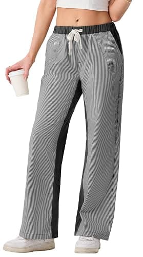 ONLYSTORY Women Striped Low Rise Pants Boho Wide Leg Pant Trendy Fun Patchwork Draw String Pull On Jeans thumbnail 3