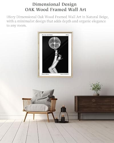 iHery 12x16in Natural Dimensional OAK Wood Trendy Disco Ball Retro Framed Wall Art, Modern Aesthetic 70s Canvas Wall Decor For Girly Dorm Bedroom Bathroom Living Room 1Pack thumbnail 2