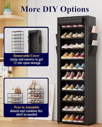 Kitsure Shoe Rack - 10-Tier Large Capacity Shoe Organizer Shelf with Dust Cover & Side Pockets, Rust-Proof Metal Shoe Rack for Closet, Entrance, Living Room, 17.5" x 12.4" x 69.3", Black thumbnail 7