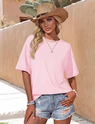 YUCOLEN Womens Oversized Tshirts Short Sleeve Crewneck Casual Loose Fit Basic Tee Cotton Blend Summer Trendy Plus Size Tops thumbnail 5