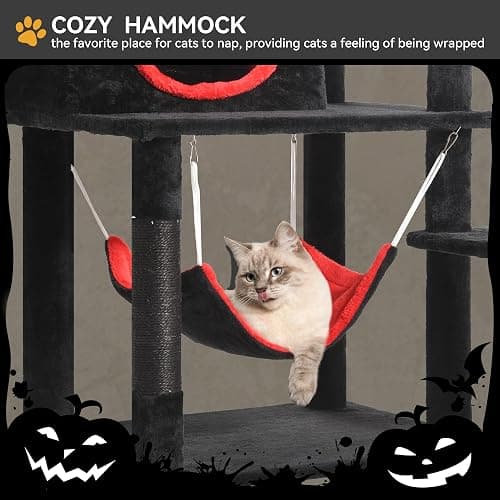YITAHOME Gothic Cat Tree with Coffin Bed, 63" Tall Cat Tower for Indoor Cats with Top Perch, Spacious Cat Condos, Spider Hanging Balls,Comfy Hammock, Scratching Post and Ladder, Black Halloween | Cat Tower with Top Perch, Spacious Cat Condos, Spider Hanging Balls, Comfy Hammock, Scratching Post and Ladder thumbnail 2