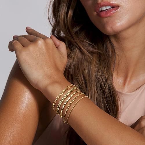 Gokeey Gold Bracelets for Women Non Tarnish Trendy,14K Gold Plated Dainty Stackable Paperclip Cuban Link Chain Bracelets, Simple Cute Cuff Bracelets Jewelry Set Adjustable 7"+2" thumbnail 3