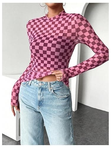 Floerns Women's Checker Print Long Sleeve T Shirts Sheer Mesh Plaid Print Tops thumbnail 3