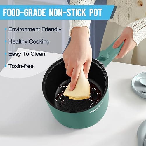 Topwit Hot Pot Electric, 1.5L Ramen Cooker, Non-Stick Frying Pan, Electric Pot for Pasta, Steak, BPA Free, Dual Power Control, Over-Heating & Boil Dry Protection, Green thumbnail 5