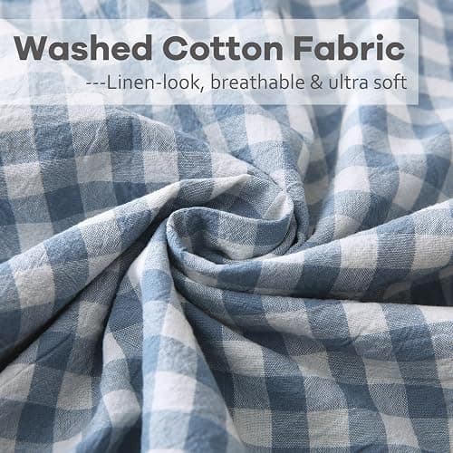 K MASANIJI 2 Pack Dust Blue White Plaid Gingham Ruffle Throw Pillow Covers, 100% Washed Cotton Decorative Buffalo Checkered Farmhouse Pillow Shams - 18''x18'' thumbnail 6