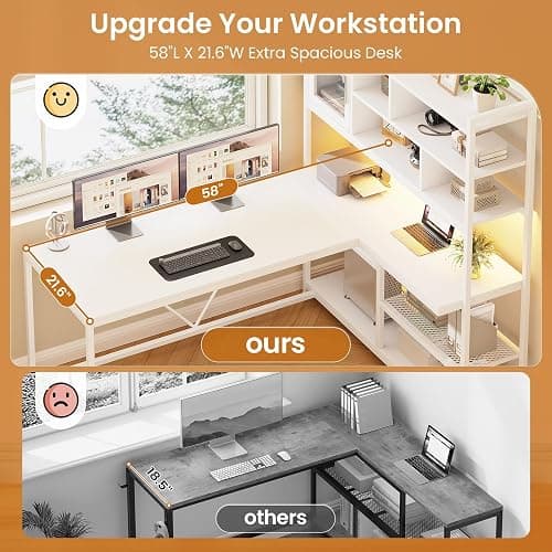 SEDETA L Shaped Computer Desk, 58'' Office Desk with LED Light and Bookshelf, L Shaped Corner Desk with Storage Shelves for Home Office, Gaming Desk, L Desk, White thumbnail 5