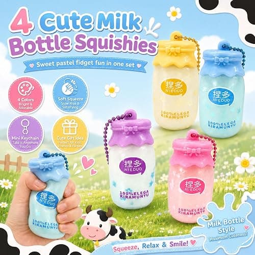 4Pack Milk Bottle Squishy Fidget Toys , Kawaii Keychain Squeeze Squishies Toys for Adults Stress Relief, Cute Sensory Aesthetic Bag Charm, Novelty Party Favors Goodie Bag Stuffers Gifts thumbnail 5
