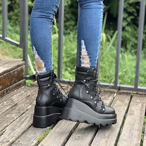 NIGXWNS Women Wedge Ankle Boots Lace-Up Zip Round Toe High Heels Goth Combat Booties Chunky Heel Platform Motorcycle Boots thumbnail 5