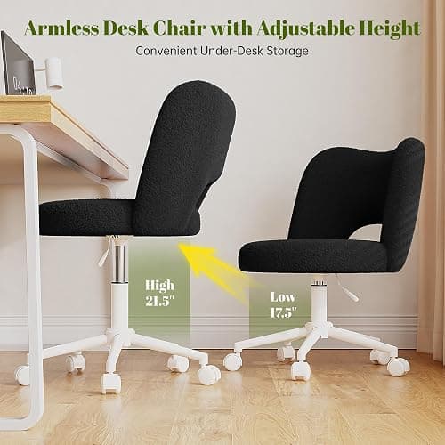 DurayLoly Small Vanity Chair with Silent Wheels Black, Cute Vanity Chair with Back,Ultra-Plush Fleece Cute Desk Chair, Small Office Chair Height Adjustable,for Make-up Room,Bedroom thumbnail 7