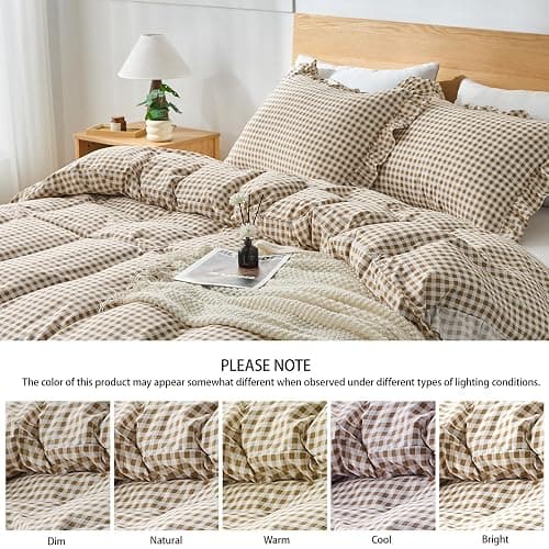 kisswish Gingham Duvet Cover Queen Size, 3 Pieces Soft Breathable Microfiber Plaid Comforter Cover with Zipper Closure & 2 Pillow Shams, Ruffle Farmhouse Vintage Decor, Taupe thumbnail 5