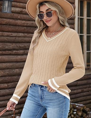 Kistore Jumpers for Women UK Long Sleeve Tops V Neck Cable Knit Pullover Sweater Lightweight Tunic Shirt thumbnail 3