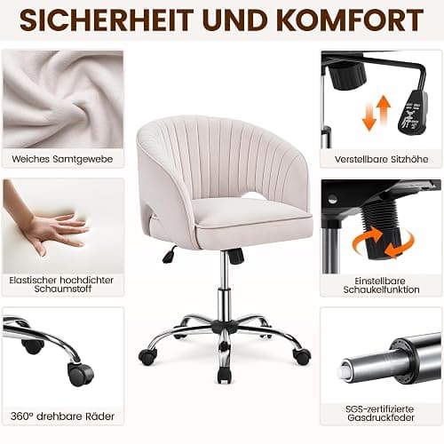 Yaheetech Schminkstuhl mit Samtbezug, Schreibtischstuhl mit Armlehnen, Drehstuhl mit Rollen, Höhenverstellbar Homeoffice Stuhl, Bürosessel mit Schaukelfunktion, drehbar Polsterstuhl Cremeweiß thumbnail 5