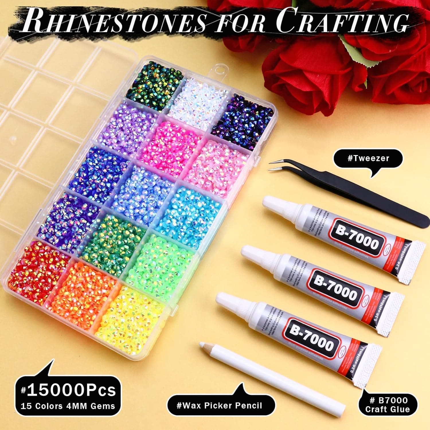 15000PCS 4MM Resin Jelly Rhinestones for Crafts Nails, 15 Colors SS16 Flatback Rhinestone Gems for Tumblers Mugs Crocs Shoes Graduation Cap Makeup, Bedazzling Kit with B7000 Glue thumbnail 2