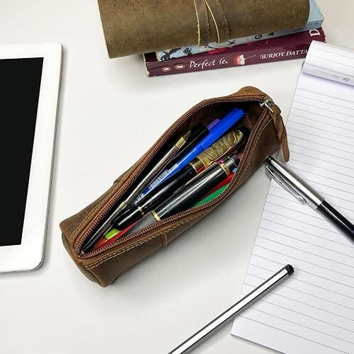 Rustic Town Leather Pencil Case - Full Grain Leather Zippered Pen Pouch - Stationery Bag Pen Holder for Work & Office thumbnail 4