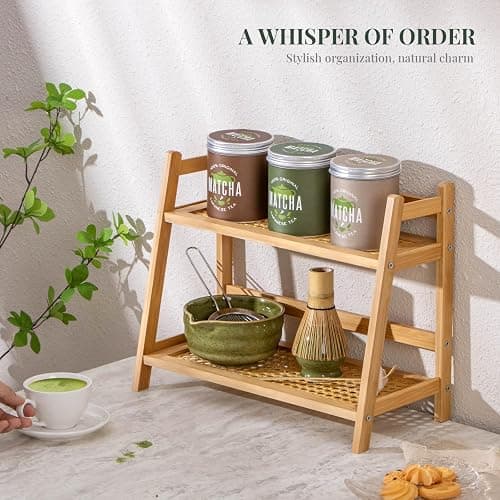 ANBOXIT Rattan-Look Matcha Station Organizer, Countertop Bamboo Tea & Coffee Accessories Station Organizer, 2 Tier Mug Holder Display Stand for Kitchen Condiment, Home, Office thumbnail 5