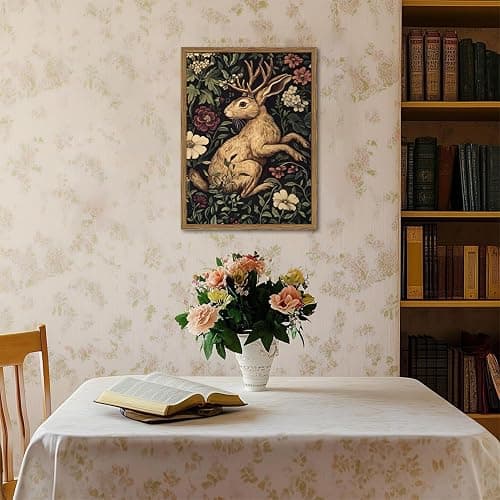 Vintage Rabbit Wall Art Whimsical Dark Cottagecore Jackalope Wall Decor Painting Moody Animal and Botanical Poster Canvas Print for Living Room Bedroom 12x16 inch Wood Framed thumbnail 2