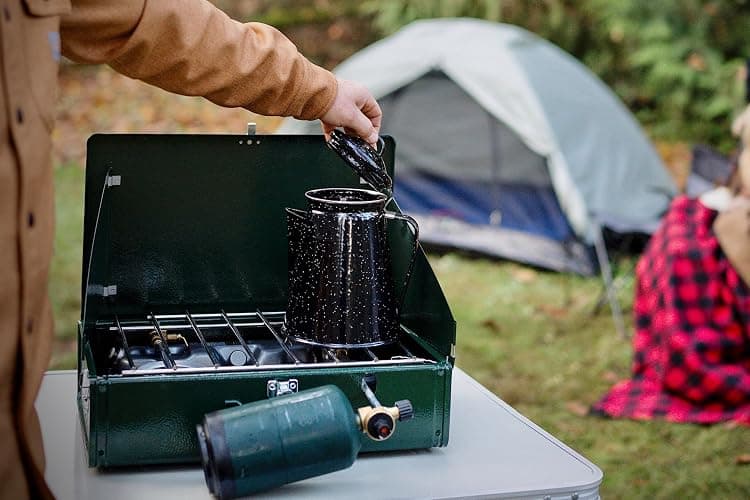 Stansport Enamel 8-Cup Percolator Coffee Pot and 4-Mug Set - Heavy-Duty Campfire Coffee Maker with 12oz Mugs - Percolator Stem Included - Double Baked Enamelware for Camping, Hiking, RV & Cabin thumbnail 8