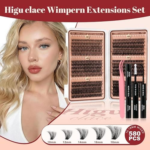 Higu clace 580 pcs Wimpern-Extensions 30-40-50-60-80-100D | Lash-Extension-Set Künstliche Wimpern für Wimpernverlängerung zu Hause DIY-Wimpern-Extensions für Anfänger(10-18mm) thumbnail 2